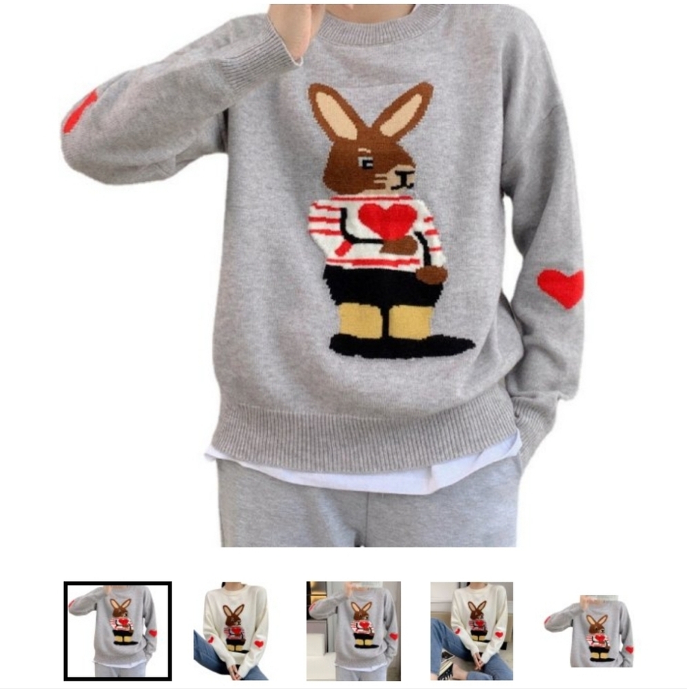 Bunny Sweater in grey, rabbit, hearts on elbows